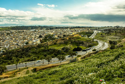 High angle view of cityscape against sky