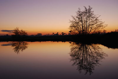 Silhouette trees by lake against sky during sunset