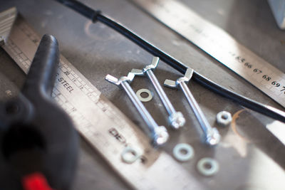 High angle view of tools on table