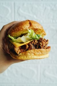 Close-up of hand holding burger