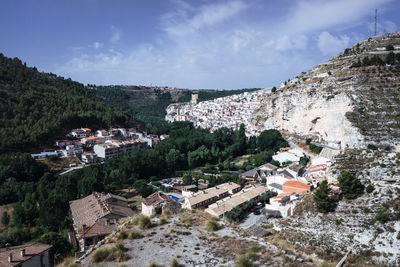 High angle view of townscape and buildings against sky