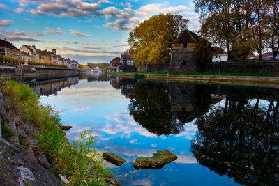 Reflection of buildings in lake