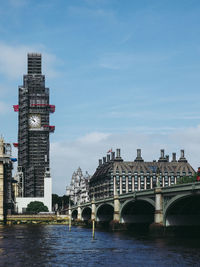 Bridge over river with buildings in background