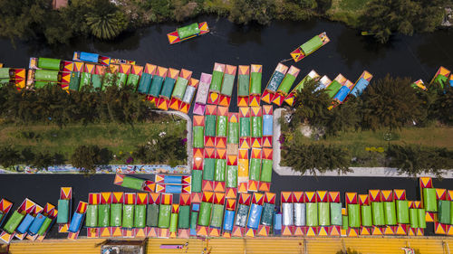 High angle view of multi colored boats called trajineras  one atraction in  place called xochimilco 