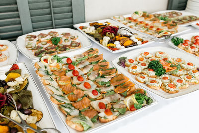 High angle view of food served on table