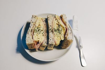 High angle view of bread in plate on table