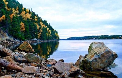 Scenic view of lake against cloudy sky