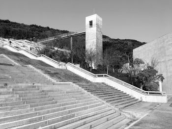 Staircase by historic building against clear sky