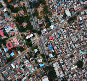 High angle view of crowd on street amidst buildings