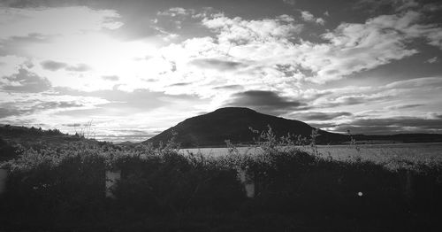 Silhouette of horse on mountain against sky