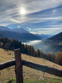 Scenic view mountains and cloudy sky against fog in the valley.  fieschertal switzerland