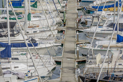 High angle view of boats moored at construction site