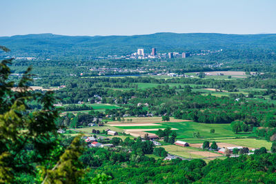 High angle view of field against clear sky