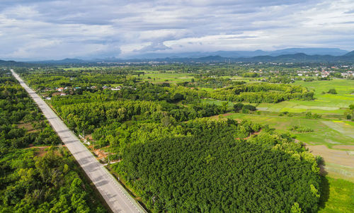 High angle view of agricultural field against sky