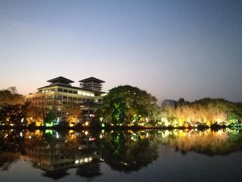 Reflection of trees in lake against clear sky at night