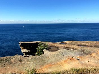 Scenic view of sea against clear blue sky