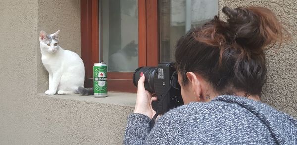 Rear view of woman photographing cat