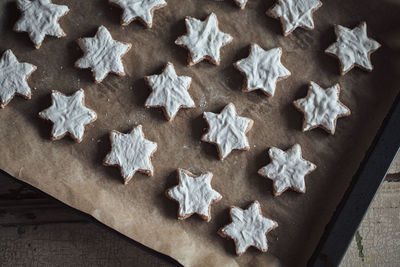 High angle view of cookies on baking sheet