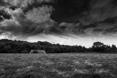 Scenic view of grassy landscape against cloudy sky