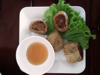 High angle view of breakfast served on table