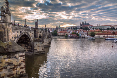 Bridge over river against buildings in city