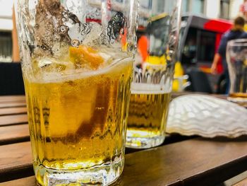 Close-up of beer in glass on table