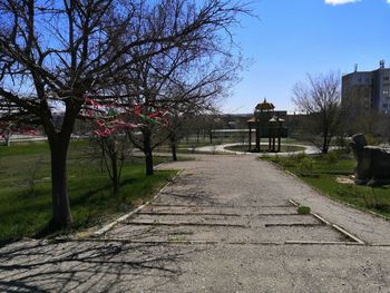 Footpath amidst trees in park against sky