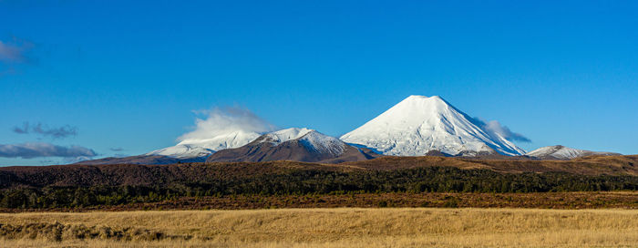 Scenic view of snowcapped mountains against blue sky