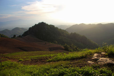 Scenic view of field and mountains against sky