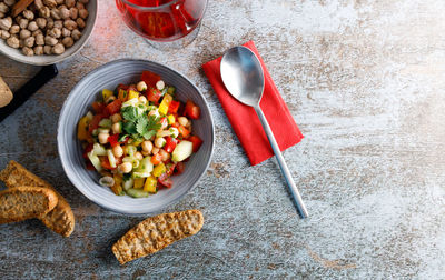 High angle view of meal served in bowl