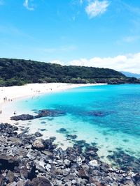 Scenic view of sea against blue sky