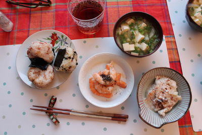 High angle view of meal served on table
