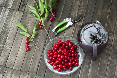 High angle view of strawberries in bowl on table