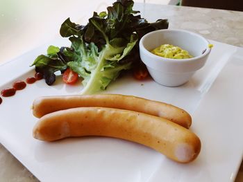High angle view of breakfast served on table