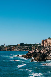 Scenic view of sea against clear blue sky