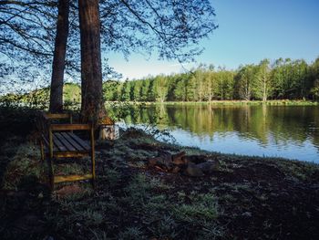 Scenic view of lake by trees against sky