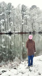 Rear view of man standing in snow