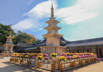 Low angle view of temple against cloudy sky