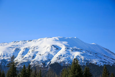 Scenic view of snowcapped mountains against clear blue sky