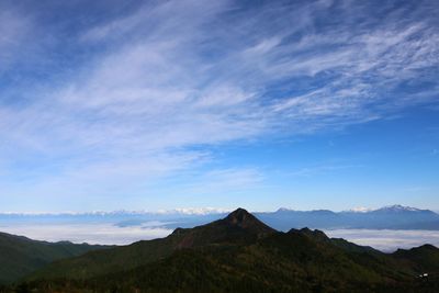 Scenic view of mountains against blue sky