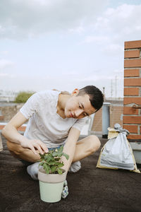 Young man examining potted plant while sitting on rooftop