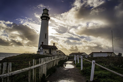 Lighthouse by sea against sky