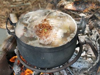 High angle view of food on barbecue grill