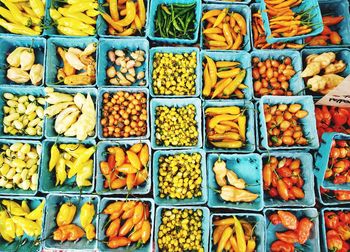 Full frame shot of multi colored peppers for sale in market