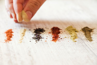 Close-up of person hand on table and species