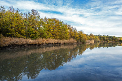 Scenic view of lake against sky during autumn