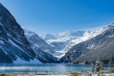 Scenic view of lake and snowcapped mountains against sky