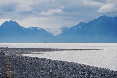 Scenic view of lake and mountains against sky