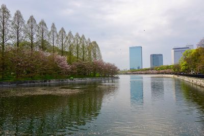 Scenic view of lake by buildings against sky