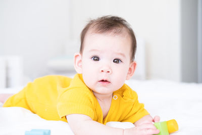 Portrait of cute baby boy playing with toy at home